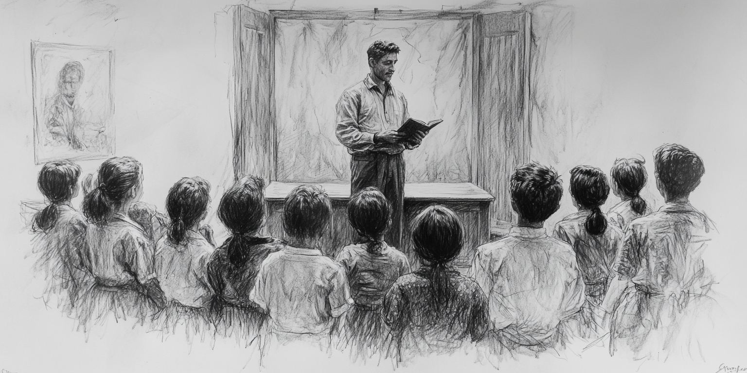 drawing of man reading to group